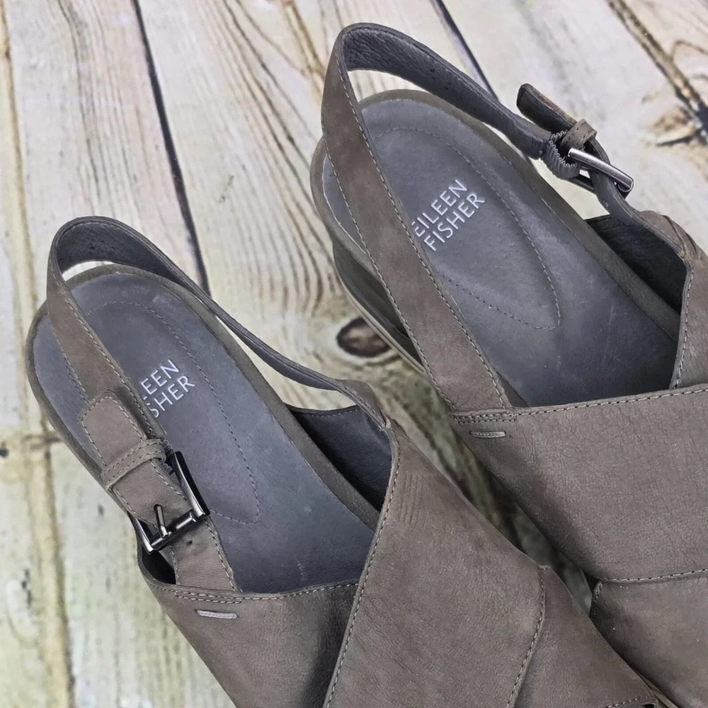 Eileen Fisher Wedge Sandals Womens Size 9 Gray Leather Slingback Platform Summer